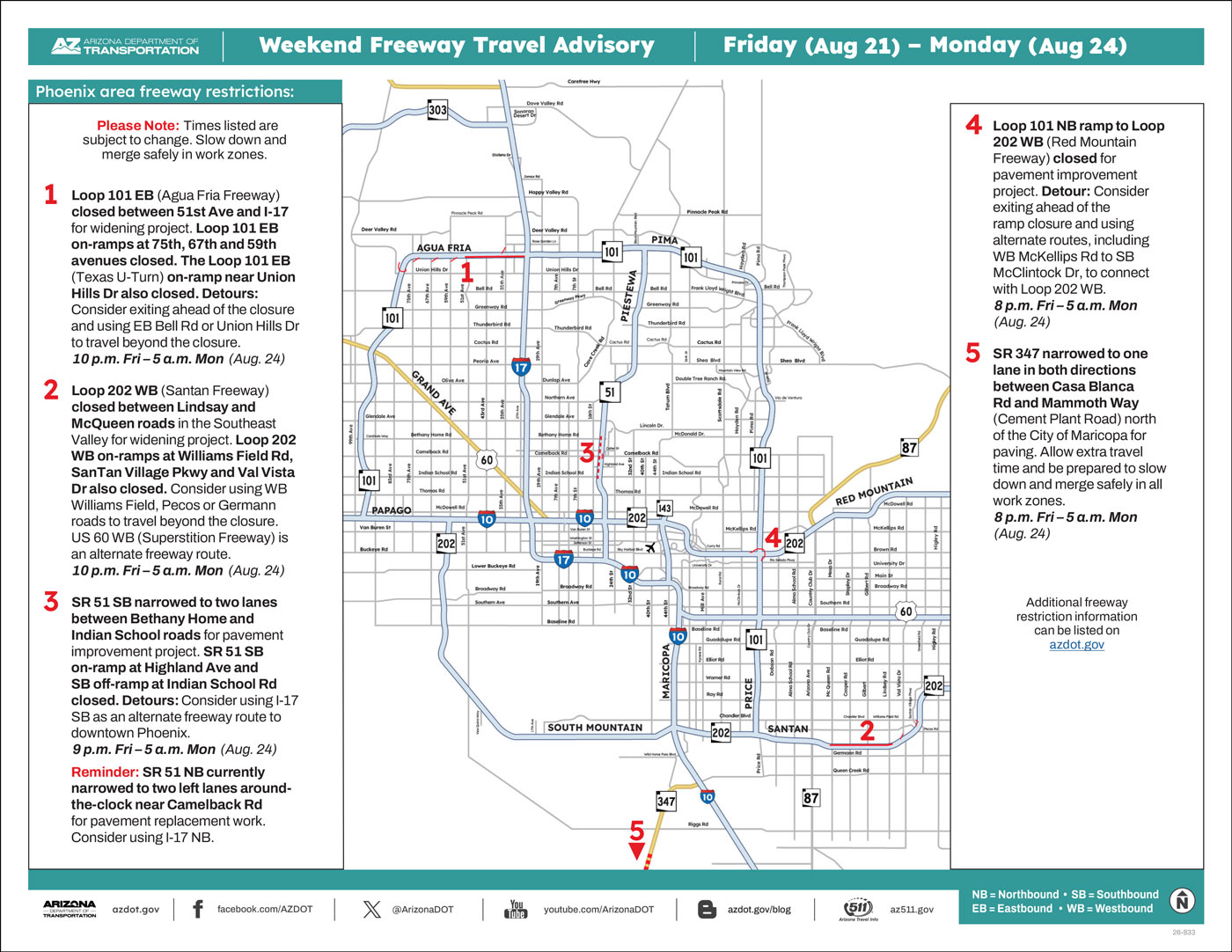 ADOT's Weekend Freeway Travel Advisory Map (Aug. 21-24, '26B) The Phoenix Area