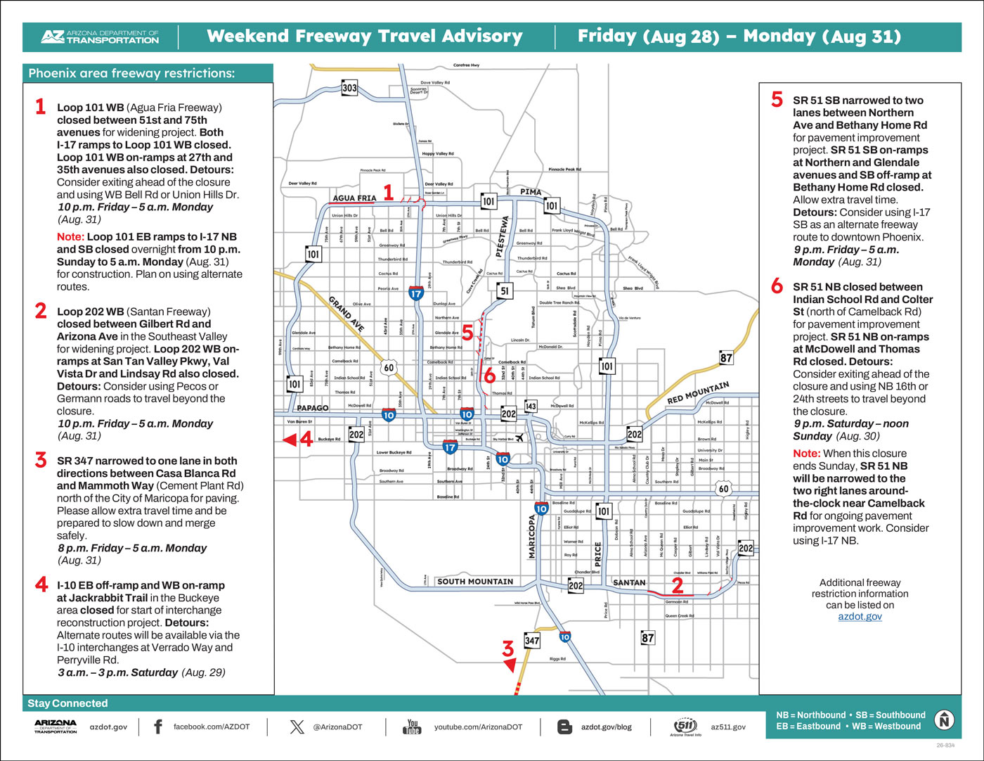 ADOT's Weekend Freeway Travel Advisory Map (Aug. 28-31, '26B) The Phoenix Area
