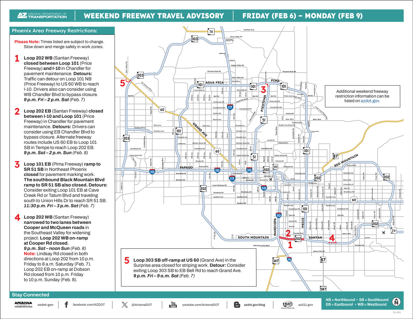 ADOT's Weekend Freeway Travel Advisory Map (Feb. 6-9, 2026) Phoenix Area