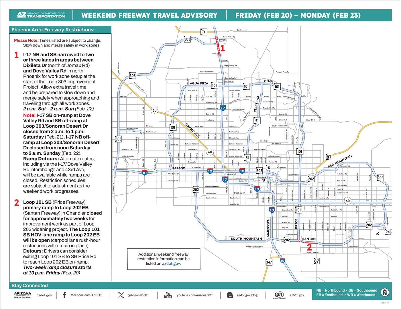 ADOT's Weekend Freeway Travel Advisory Map (Feb. 20-23, 2026) The Phoenix Area