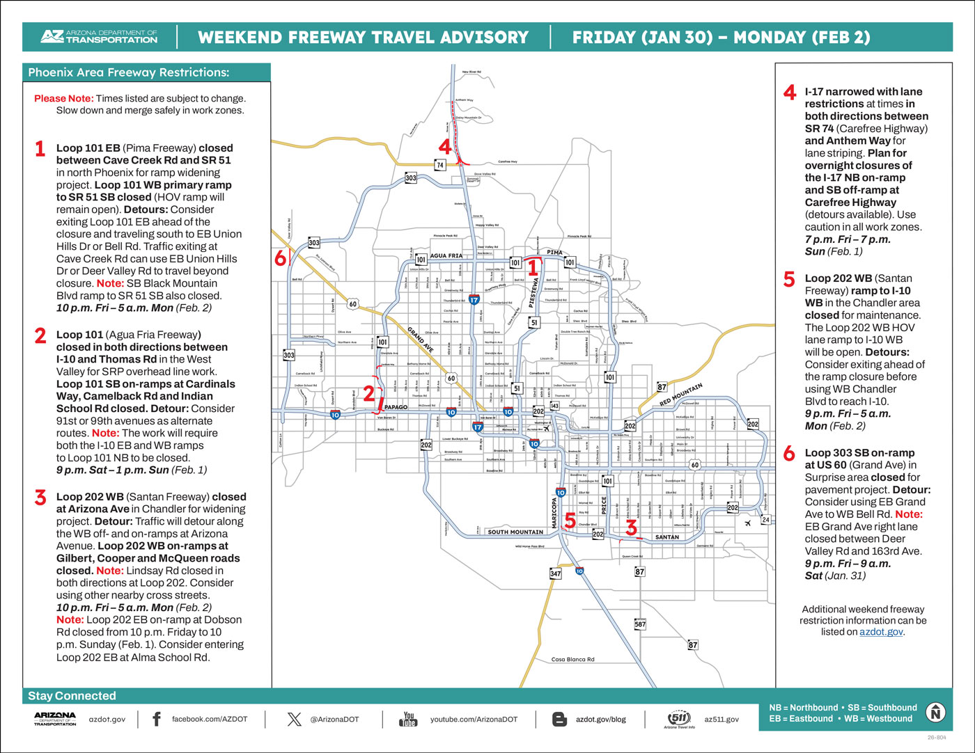 ADOT's Weekend Freeway Travel Advisory Map (Jan. 30-Feb. 2, '26) The Phoenix Area