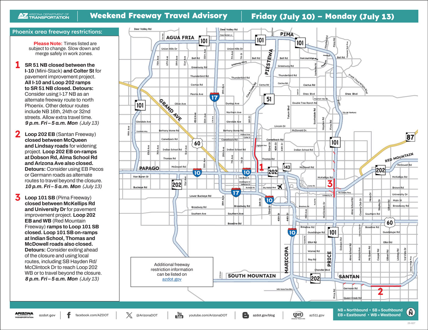 ADOT's Weekend Freeway Travel Advisory Map (July 10-13, '26A) The Phoenix Area