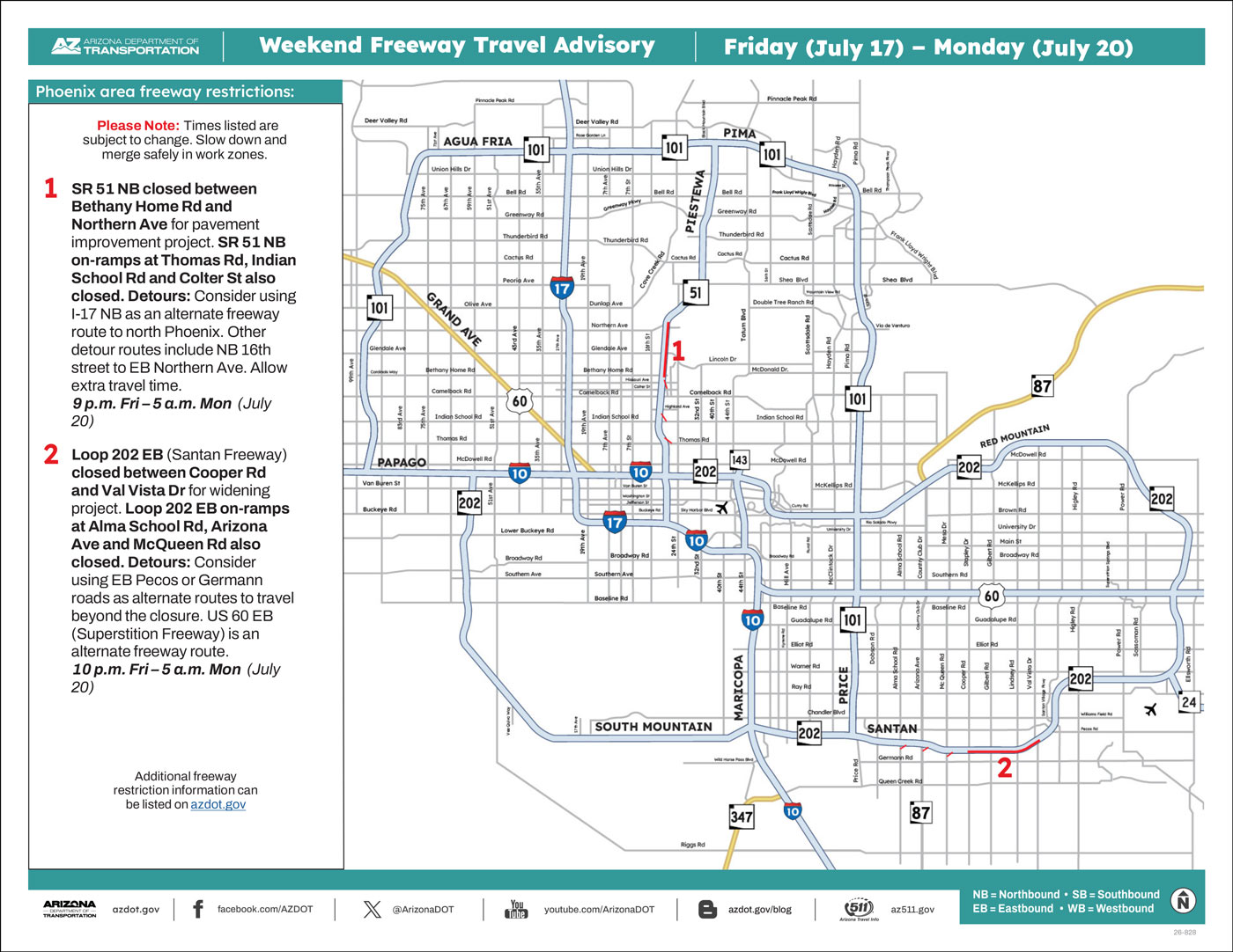 ADOT's Weekend Freeway Travel Advisory Map (July 17-20, '26) The Phoenix Area