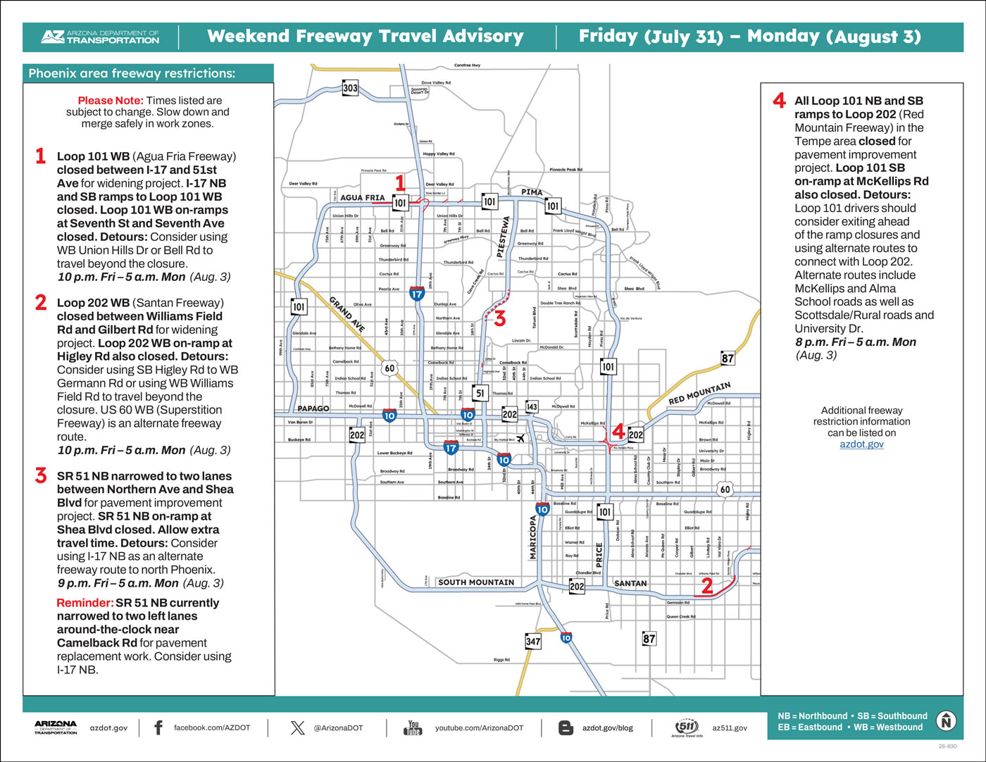ADOT's Weekend Freeway Travel Advisory Map (July 30-Aug. 3, '26C) The Phoenix Area