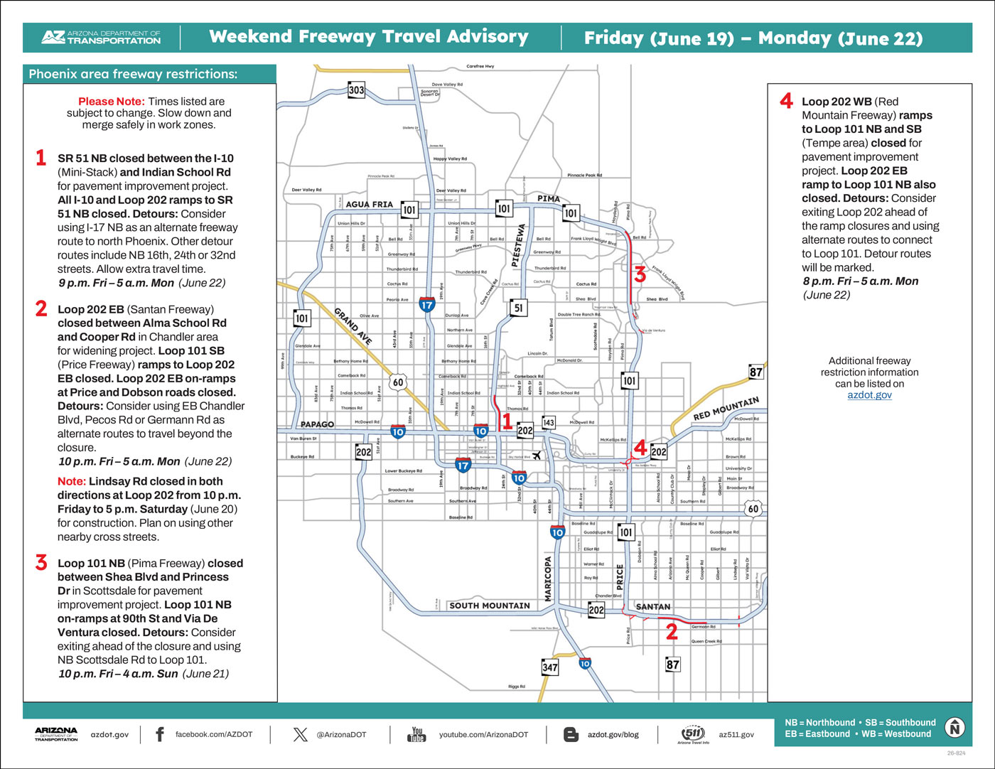ADOT's Weekend Freeway Travel Advisory Map (June 19-22, '26) The Phoenix Area