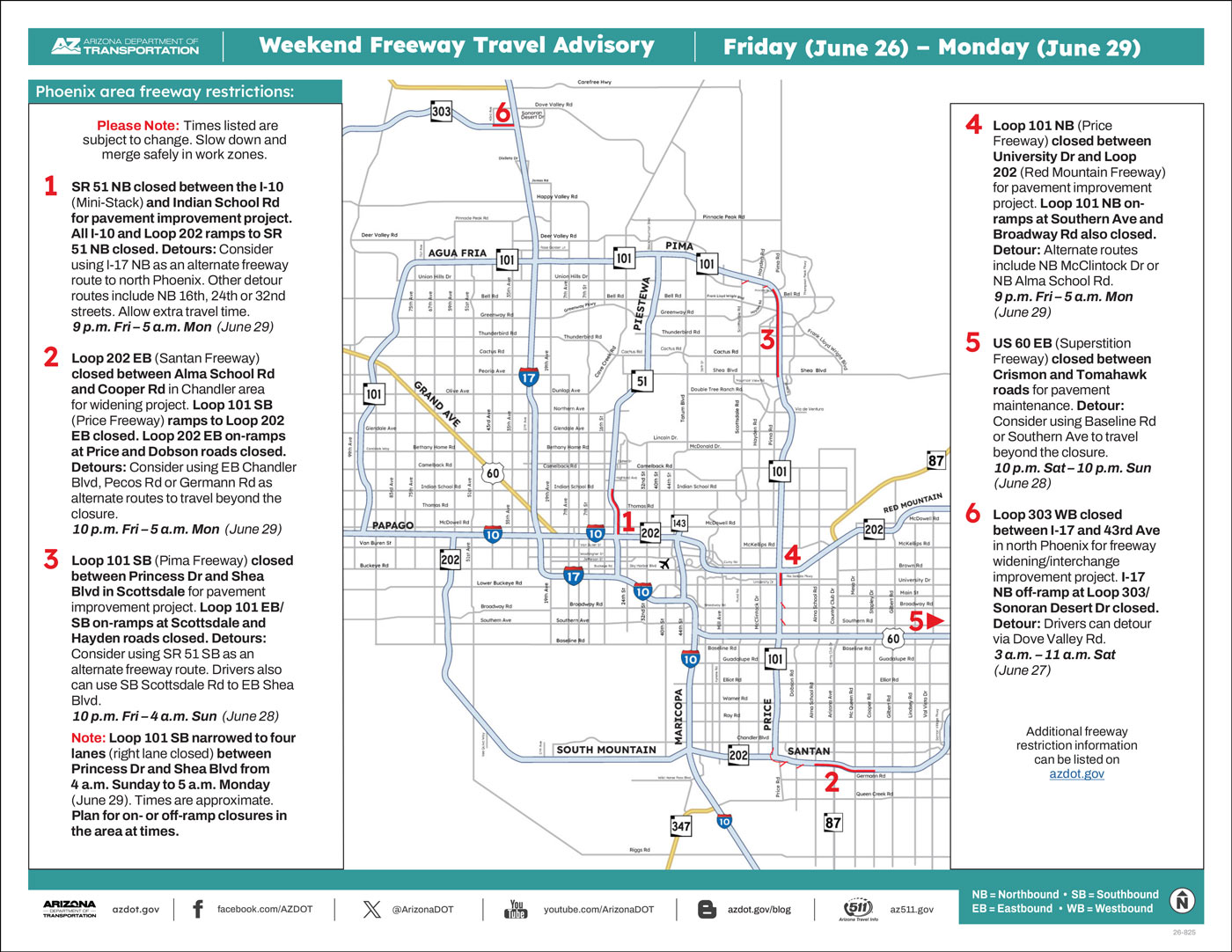 ADOT's Weekend Freeway Travel Advisory Map (June 26-29, '26B) The Phoenix Area