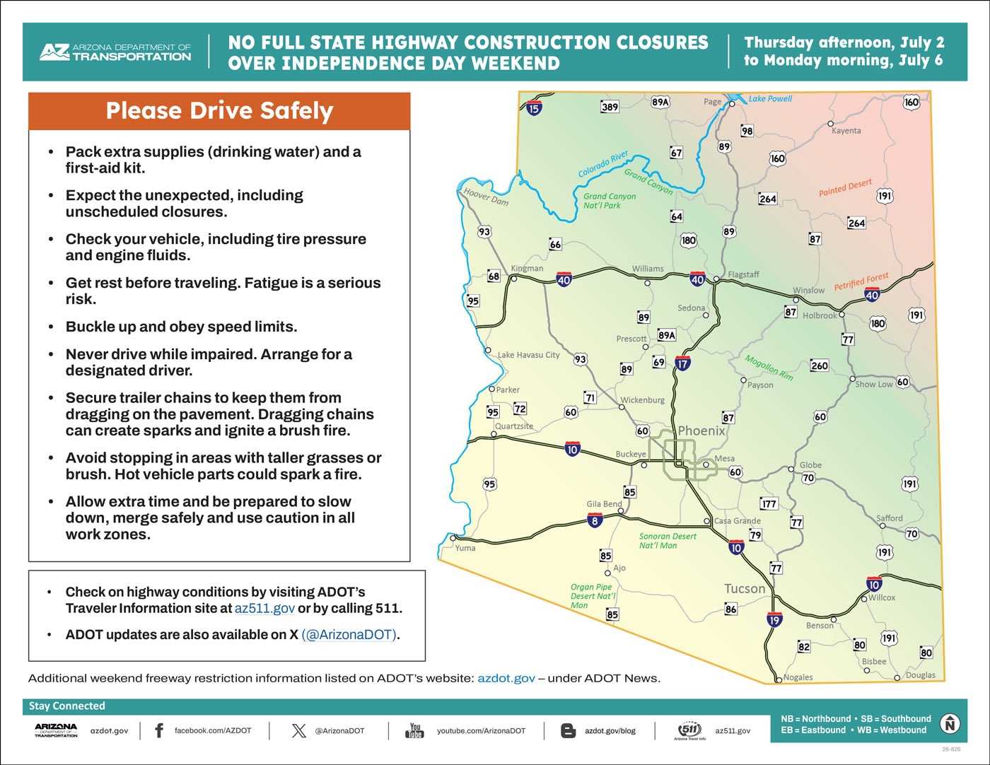 ADOT's Weekend Freeway Travel Advisory Map (July 3-6, '26) Statewide No Closures