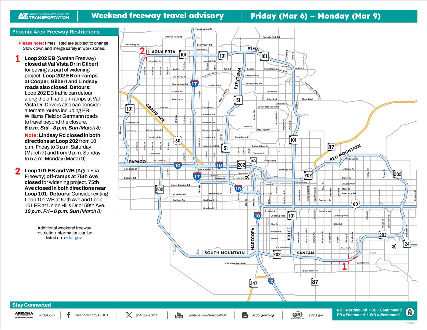 ADOT's Weekend Freeway Travel Advisory Map (March 6-9, '26B) The Phoenix Area