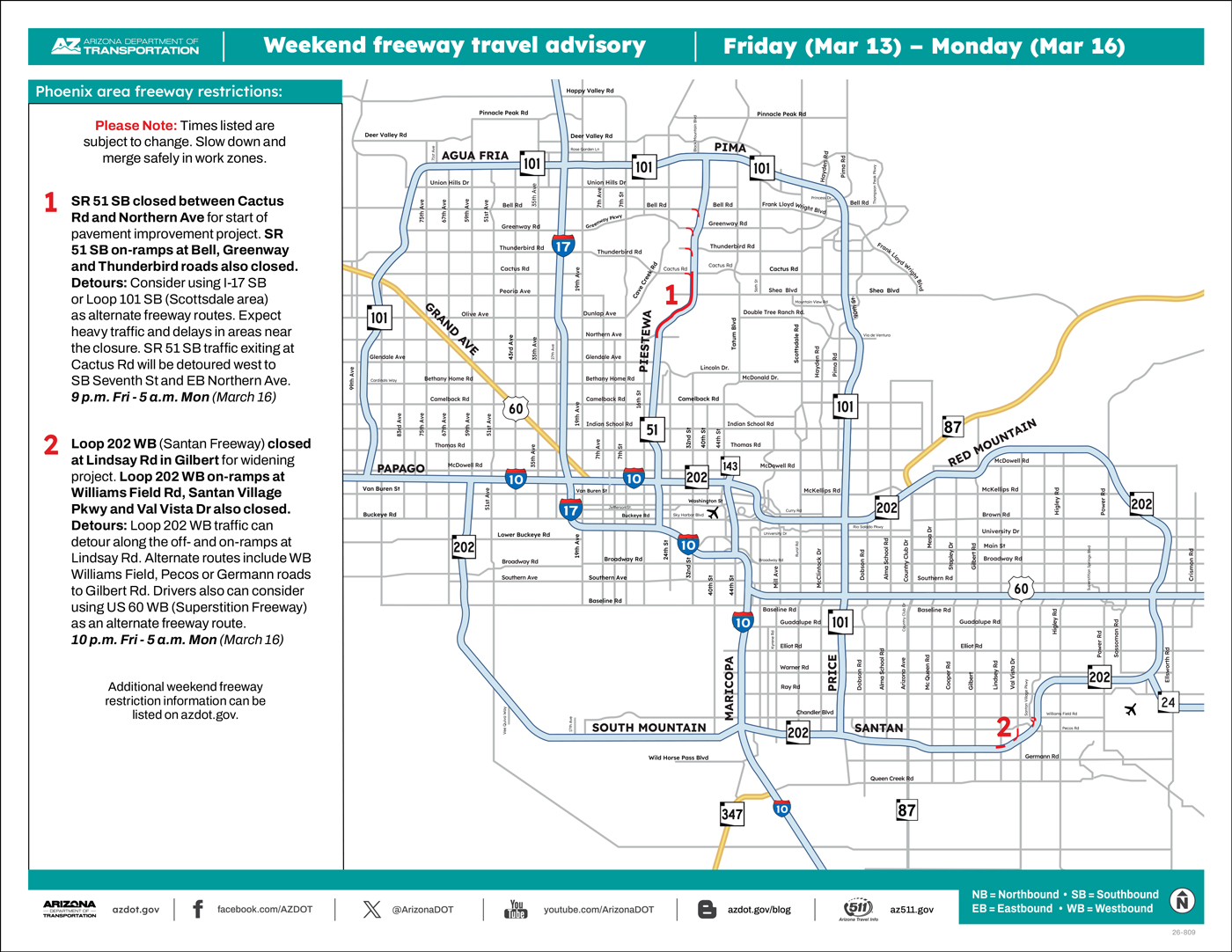 ADOT's Weekend Freeway Travel Advisory Map (March 13-16, '26) The Phoenix Area
