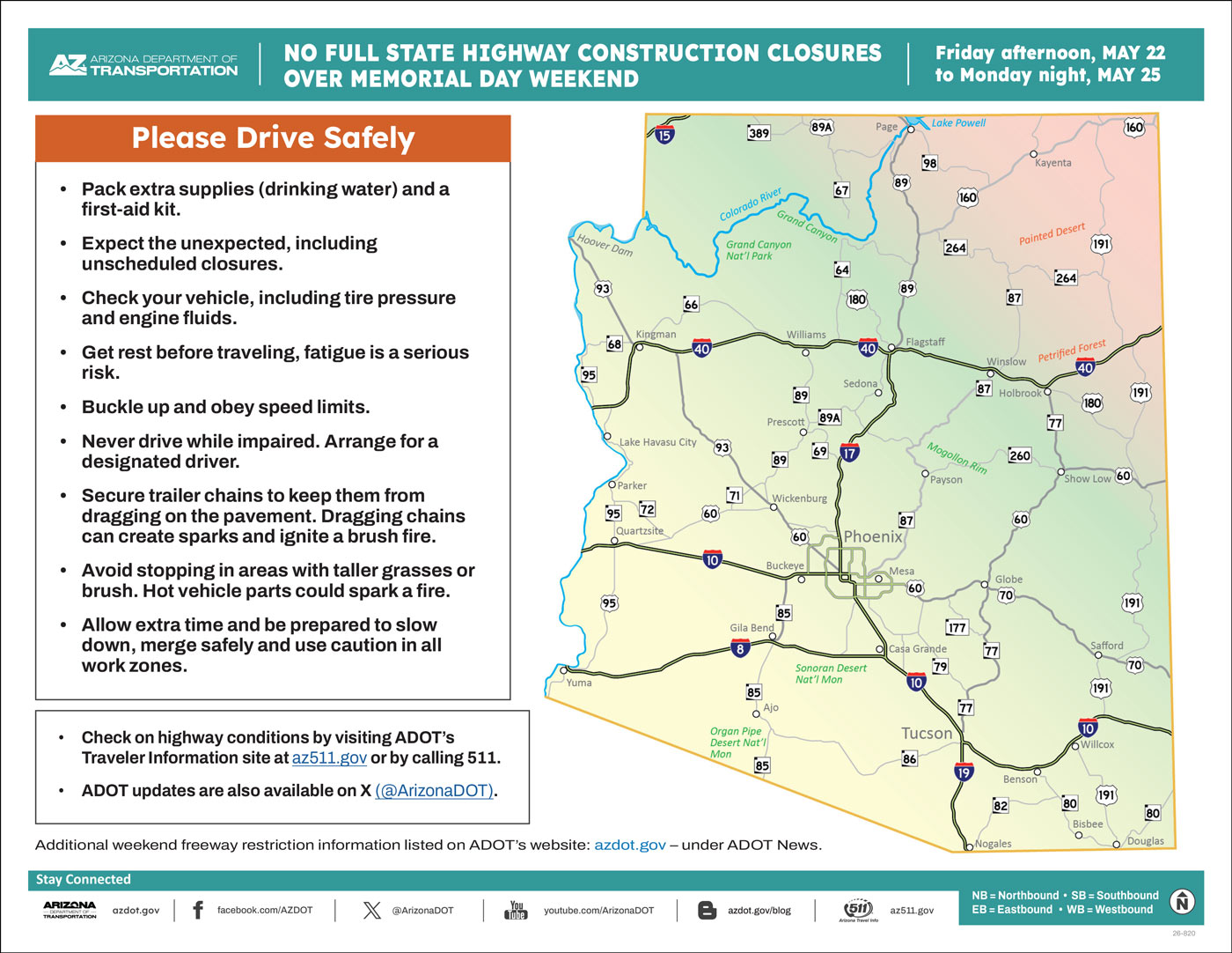 ADOT's Weekend Freeway Travel Advisory Map (Statewide Memorial Day Weekend '26)