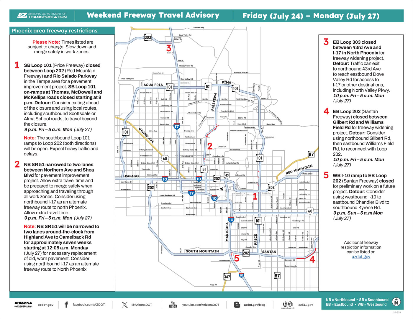 Map of weekend freeway travel advisory for July 24-27