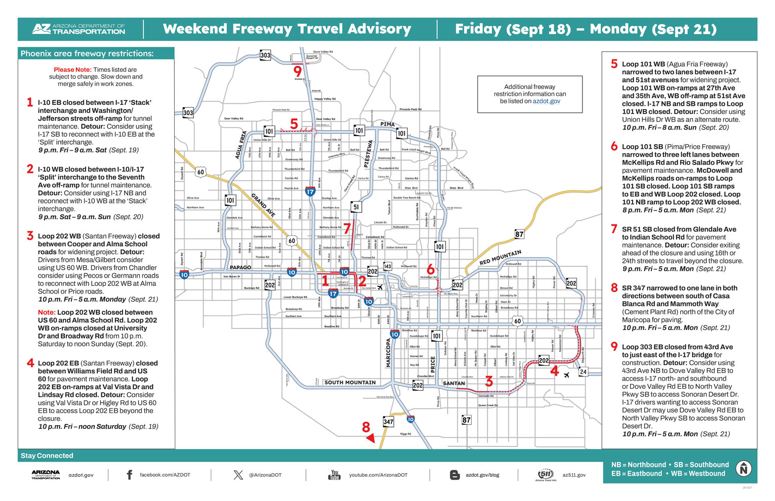 Map of weekend freeway travel advisory