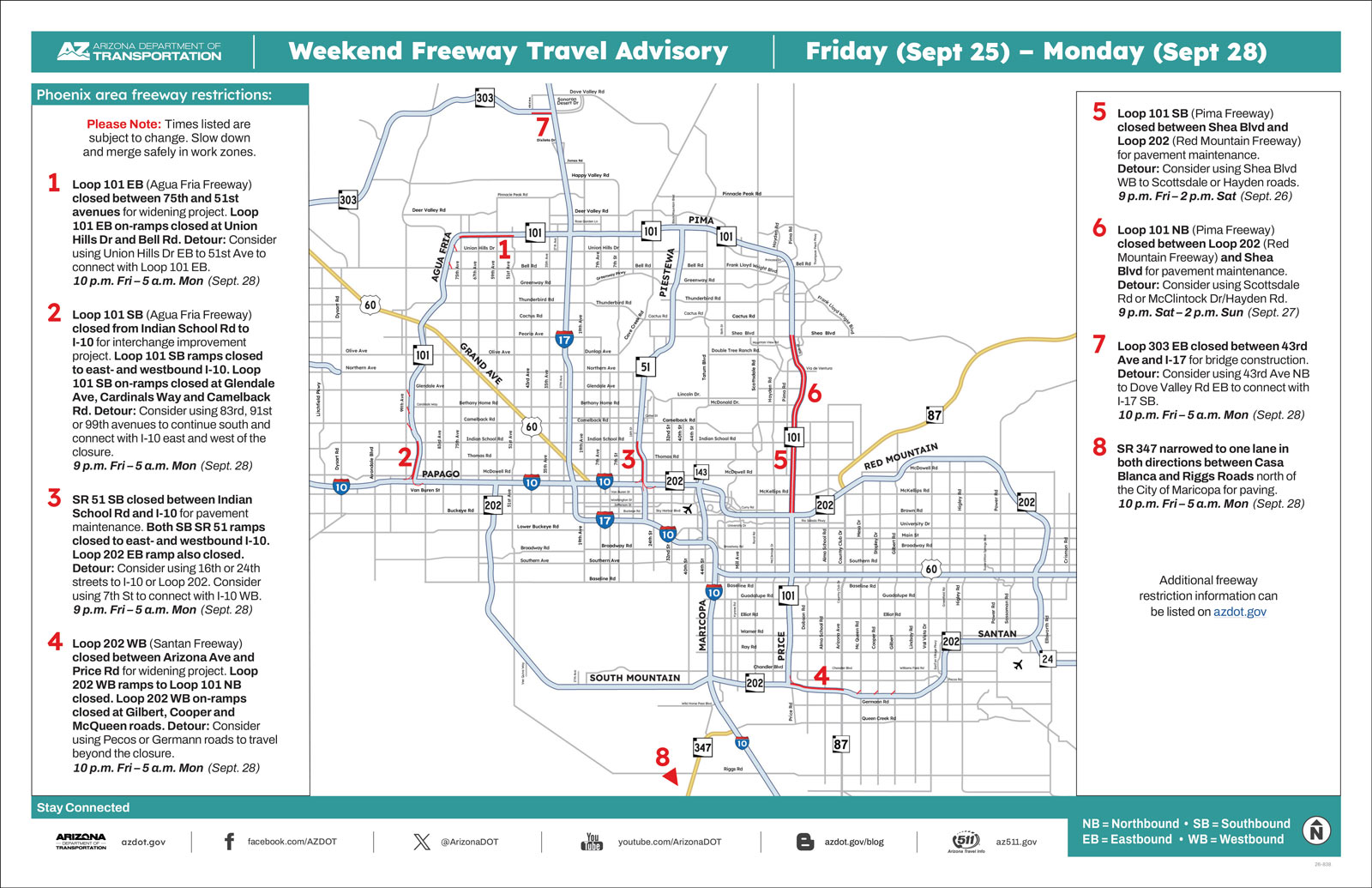 Map of weekend freeway travel advisory for Sept. 25-28