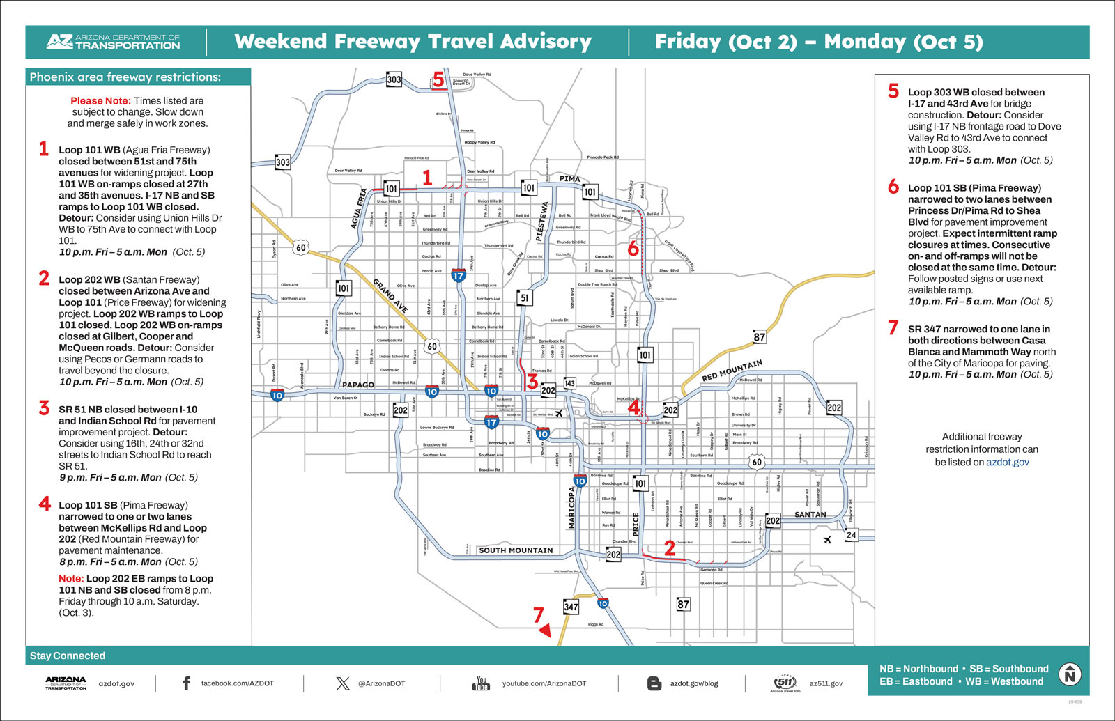 Map of weekend freeway travel advisory for Oct. 2-5