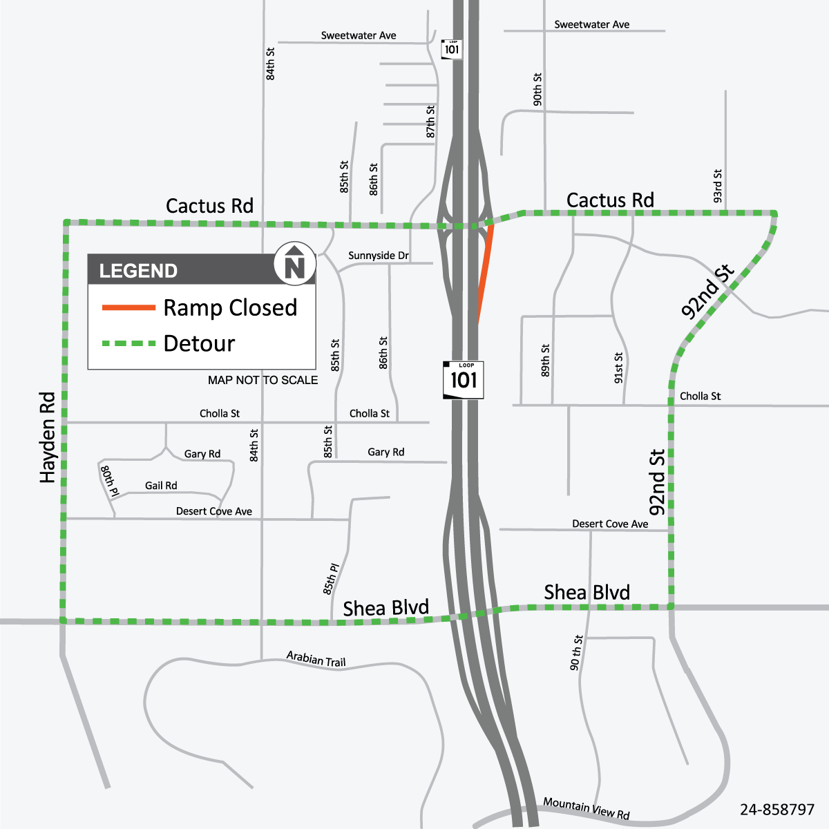 Map of planned closure of the northbound Loop 101 off-ramp at Cactus Road with detours