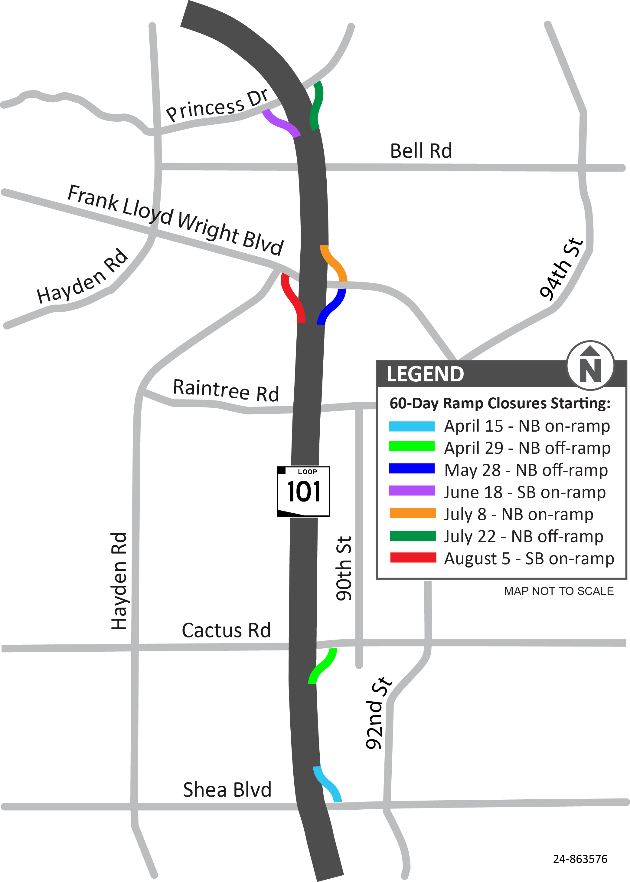Map showing locations and schedule for planned long-term on-ramp closures