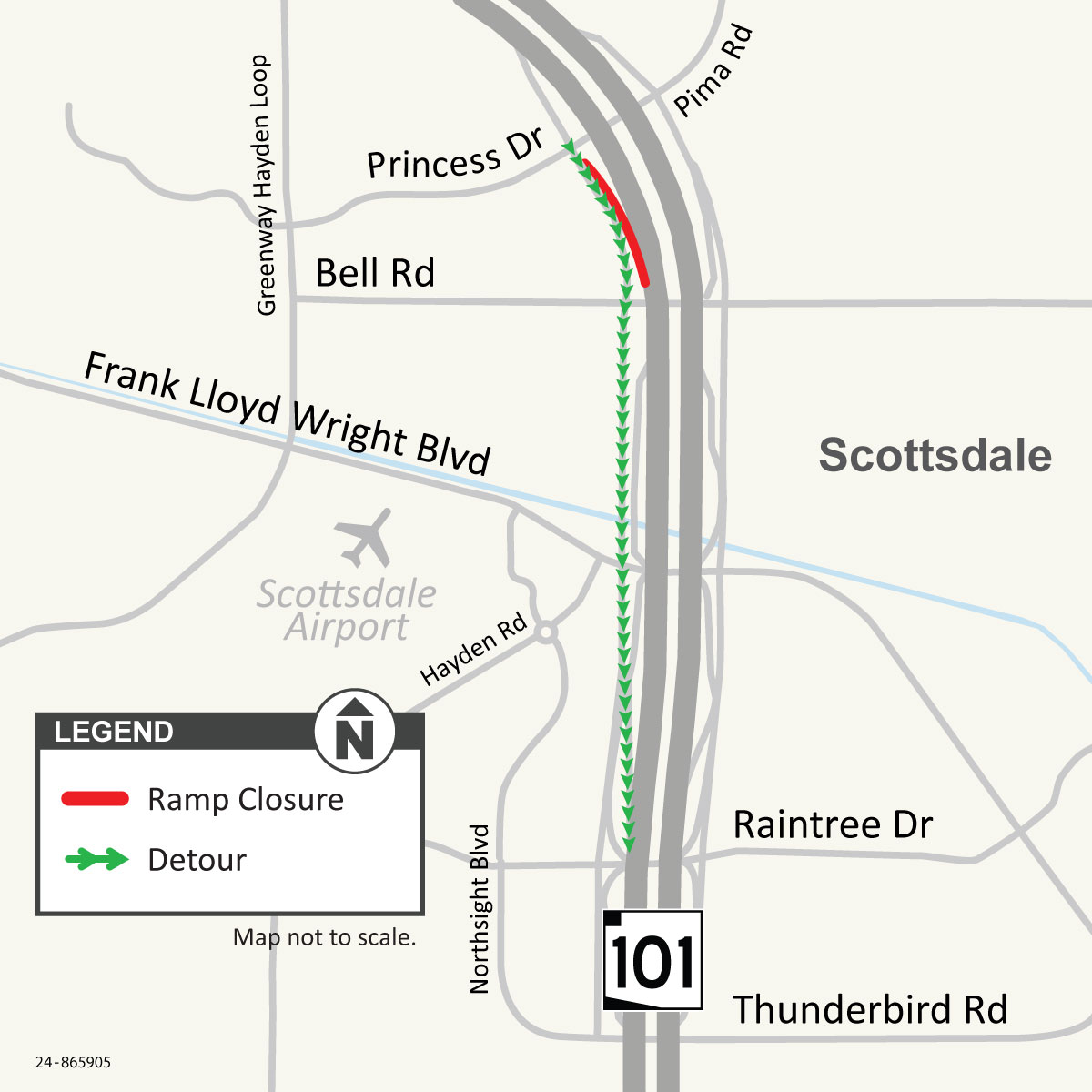 Map of planned closure of the southbound Loop 101 on-ramp at Princess Drive/Pima Road with recommended detour