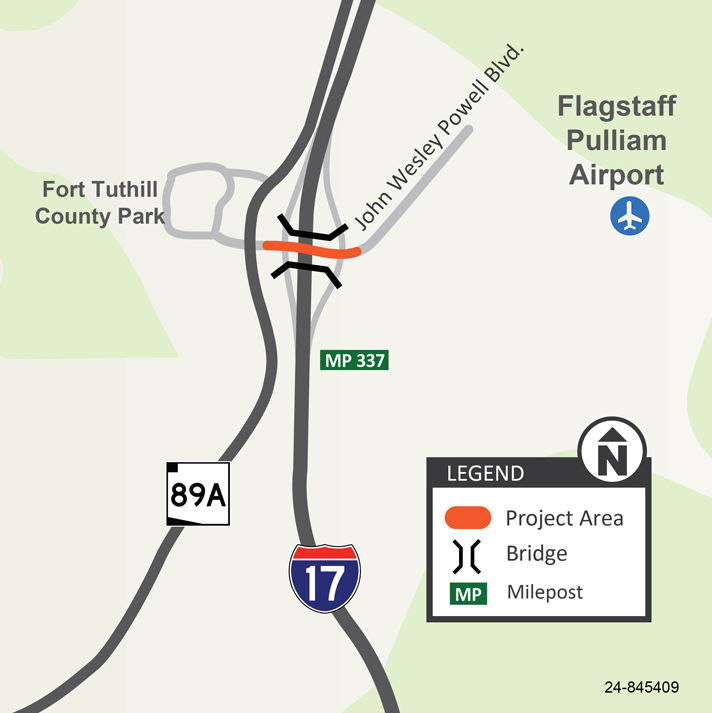 I-17 Flagstaff Map (Closures for JW Powell Blvd Bridge Work) ADOT June 2024