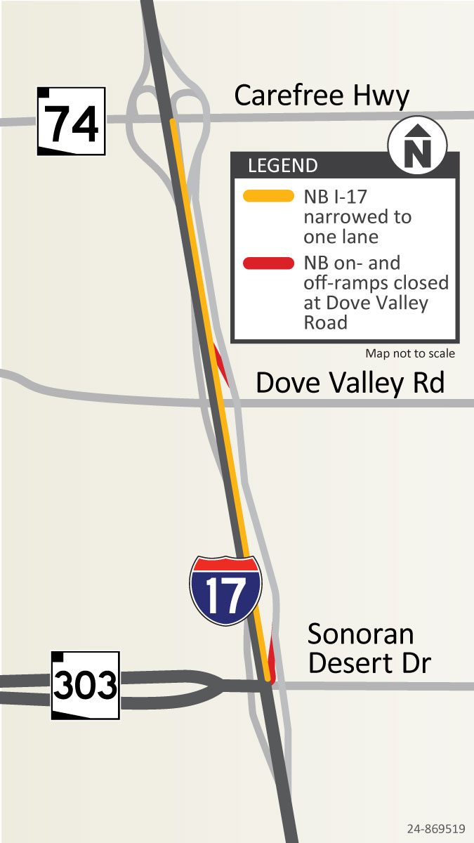ADOT Map Northbound I-17 narrowed Loop 303 to SR 74 (Sept 18, '24)