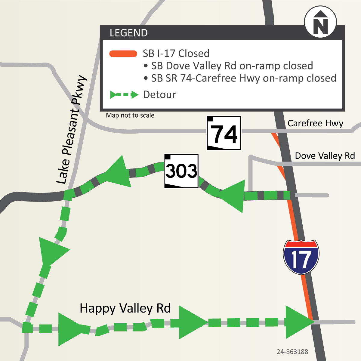 I-17 Southbound Weekend Closure Map (Loop 303 to Happy Valley Rd - ADOT May 28, 2024)
