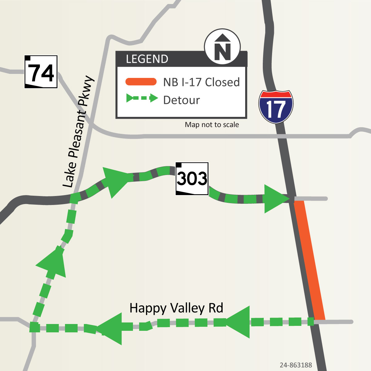 I-17 Weekend Closure Map (Happy Valley Rd to Loop 303) ADOT Aug 2-5, '24