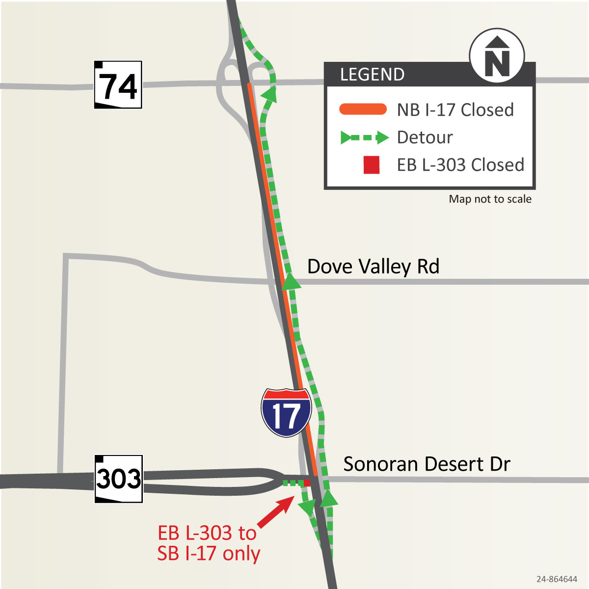 I-17 Northbound Weekend Closure Map (303 to 74) ADOT Map Feb. 2025