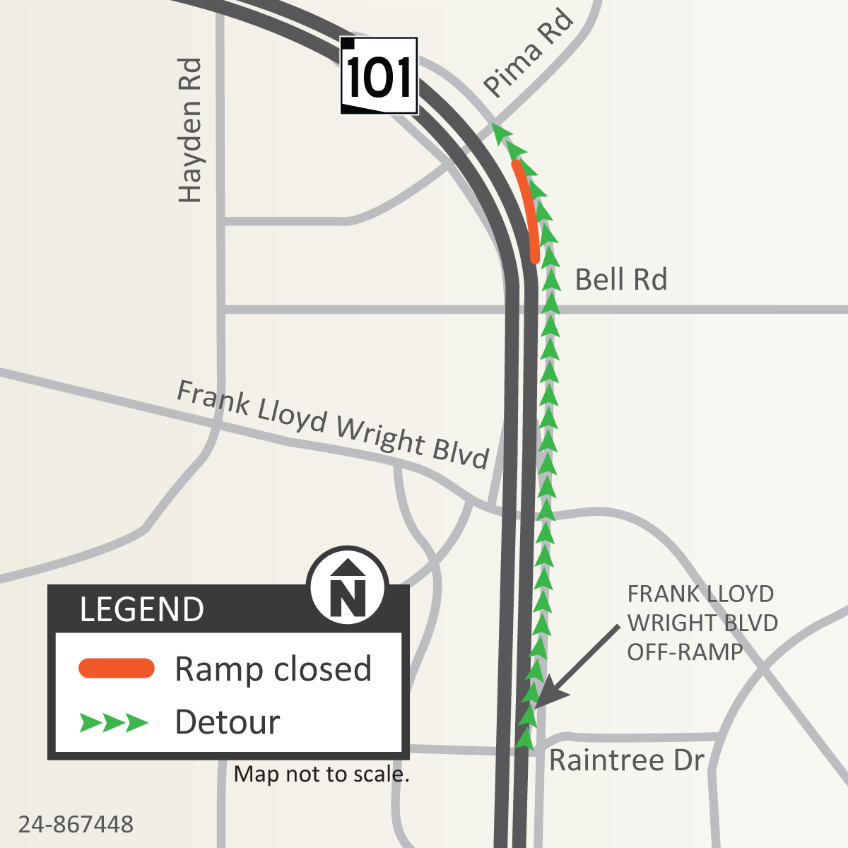 Northbound Loop 101 off-ramp closure at Pima/Princess (ADOT map July 2024)