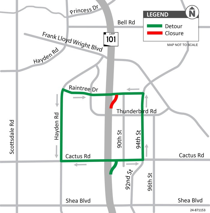 Loop 101 Northbound Off-Ramp At Raintree Drive Closure Detour Map (Feb. '25)