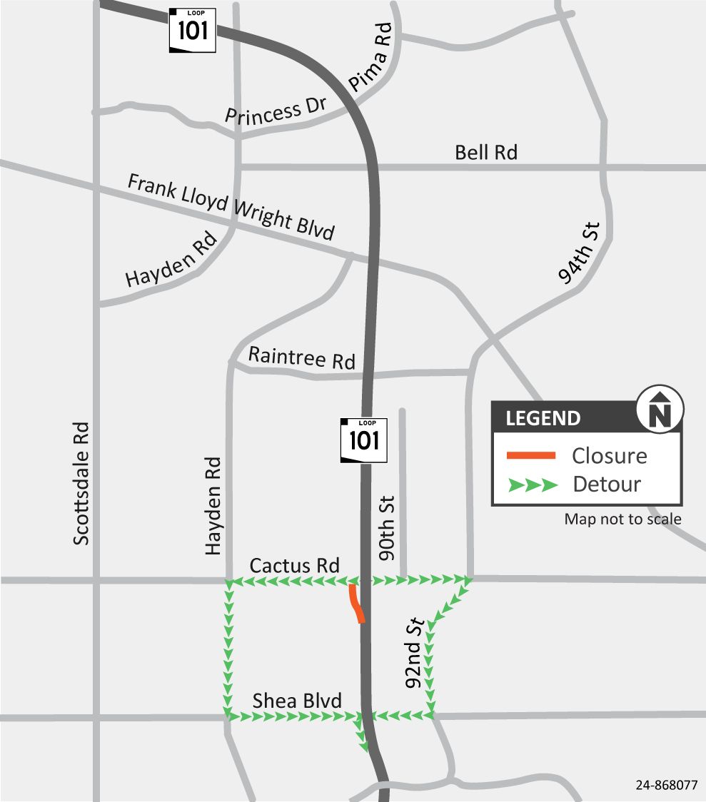 Loop 101 SB on-ramp at Cactus Rd closing (ADOT map Aug 2024)