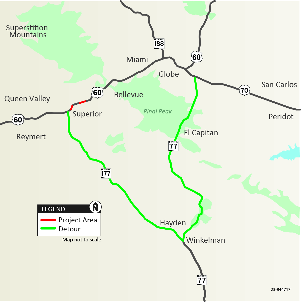 Map of detour US 60 Queen Creek