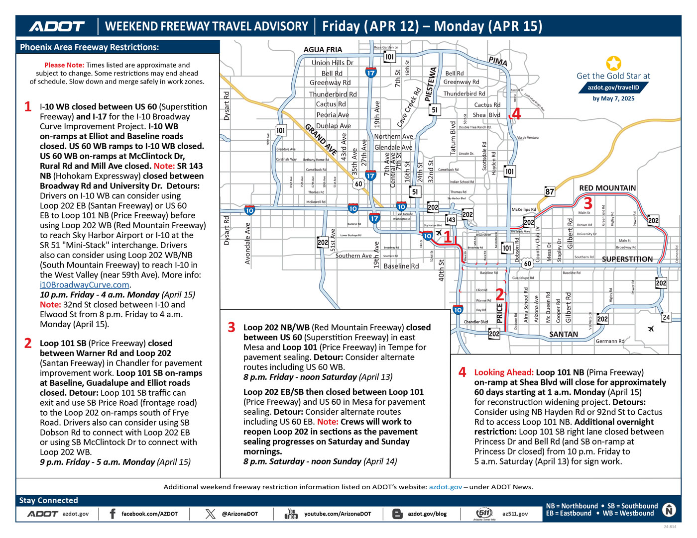 ADOT's Weekend Freeway Travel Advisory Map (April 11, '24) Phoenix Area