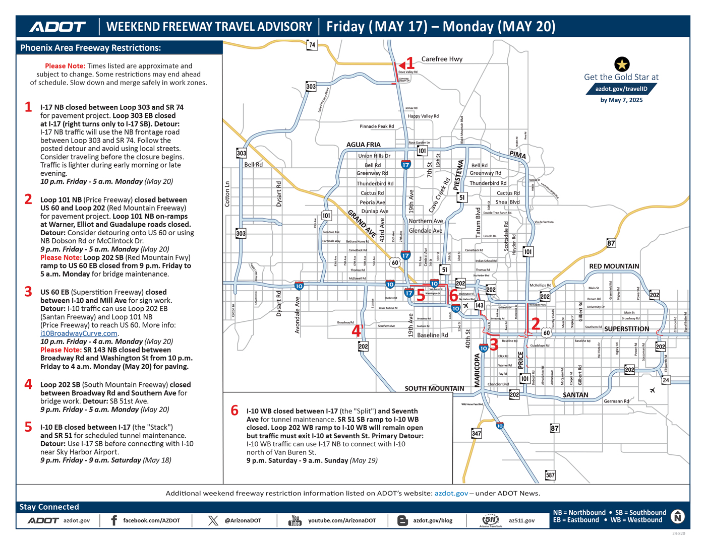 Map showing Phoenix area freeway closures this weekend