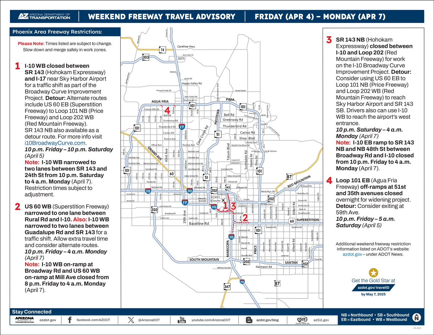 ADOT's Weekend Freeway Travel Advisory Map (April 4-7, '25) Phoenix Area