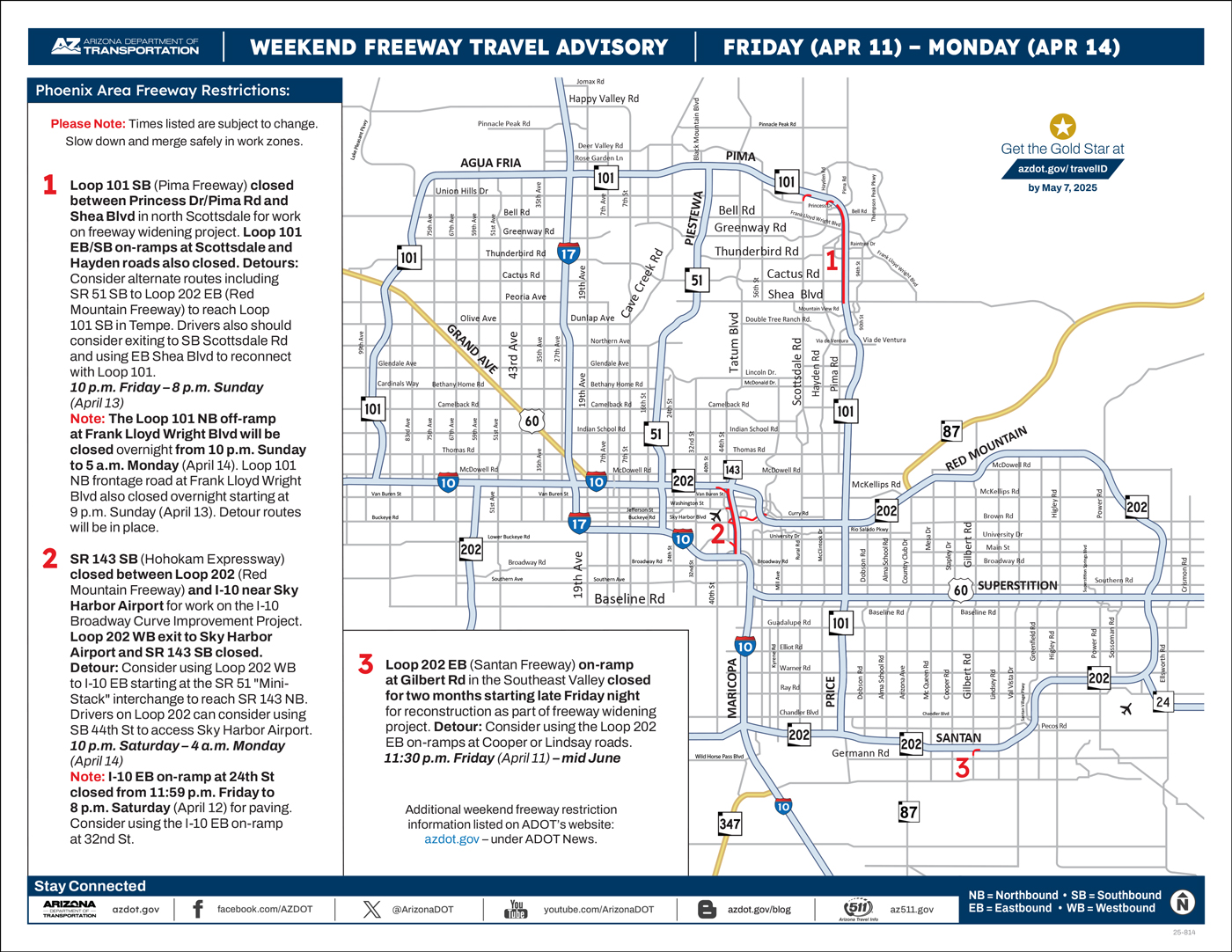 ADOT's Weekend Freeway Travel Advisory Map (April 11-14, '25) Phoenix Area
