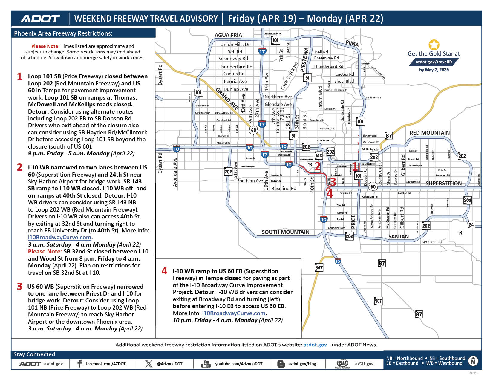 ADOT's Weekend Freeway Travel Advisory Map (April 19-22, '24) Phoenix Area