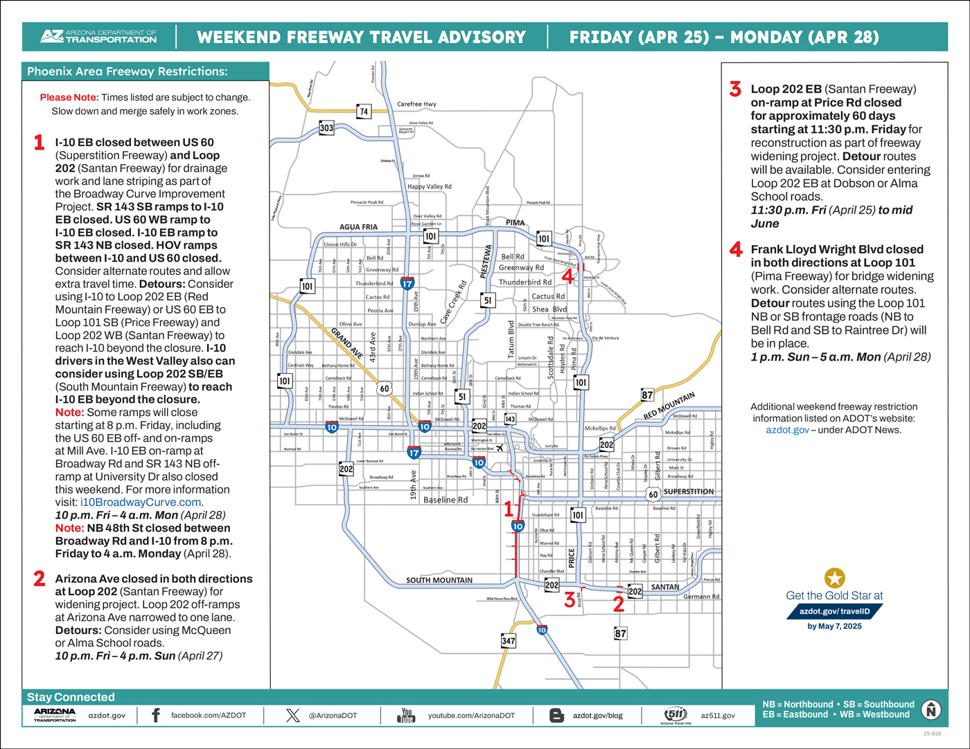 ADOT's Weekend Freeway Travel Advisory Map (April 25-28, '25) The Phoenix Area