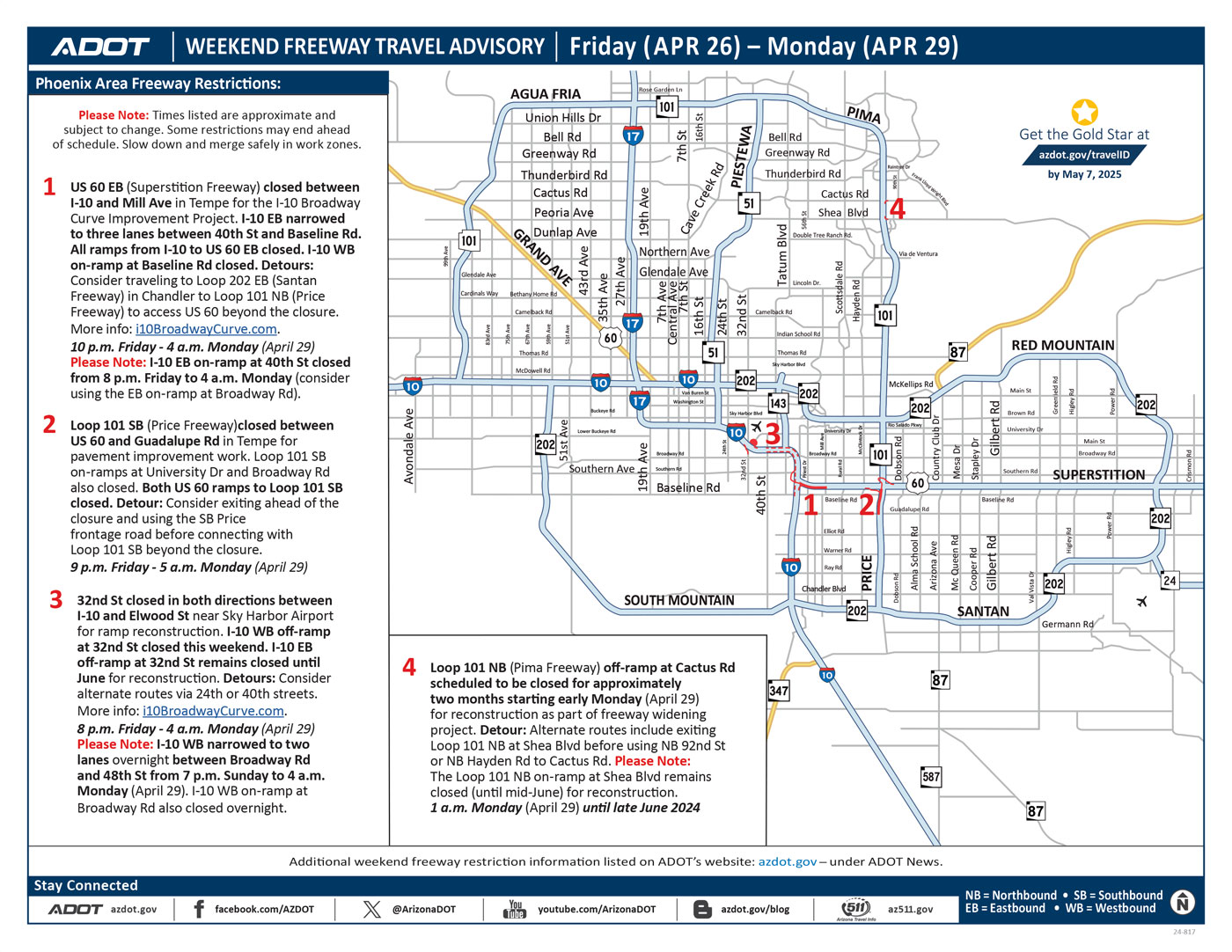 ADOT's Weekend Freeway Travel Advisory Map (April 26-29, '24) Phoenix Area