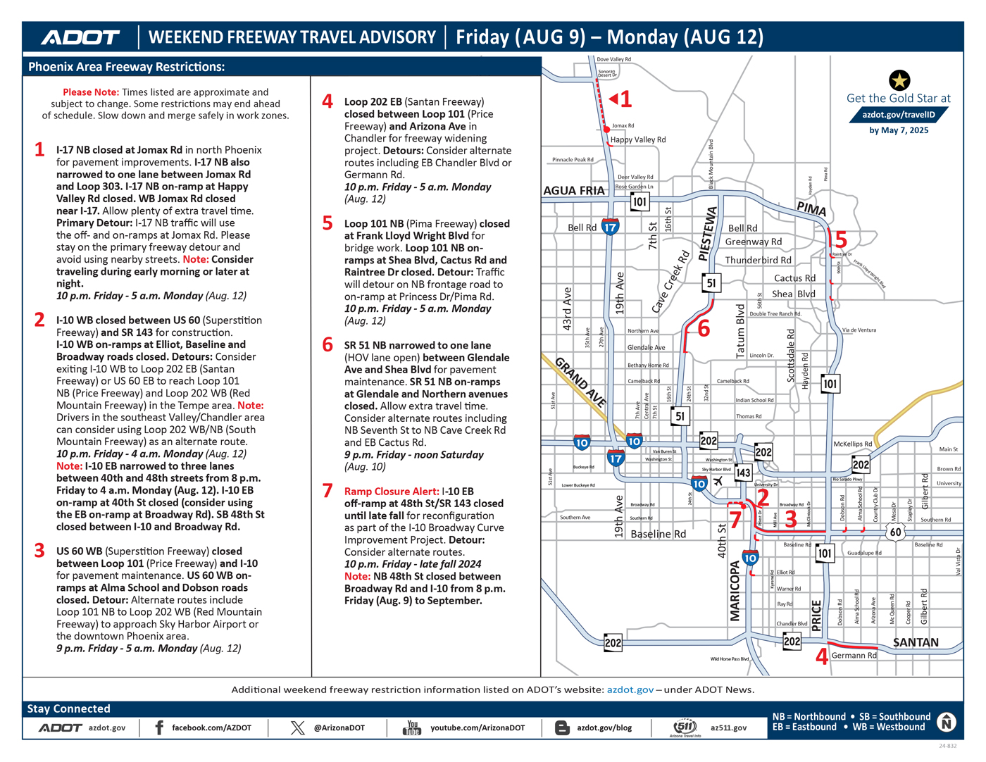 ADOT's Weekend Freeway Travel Advisory Map (Aug. 9-12, '24) Phoenix Area