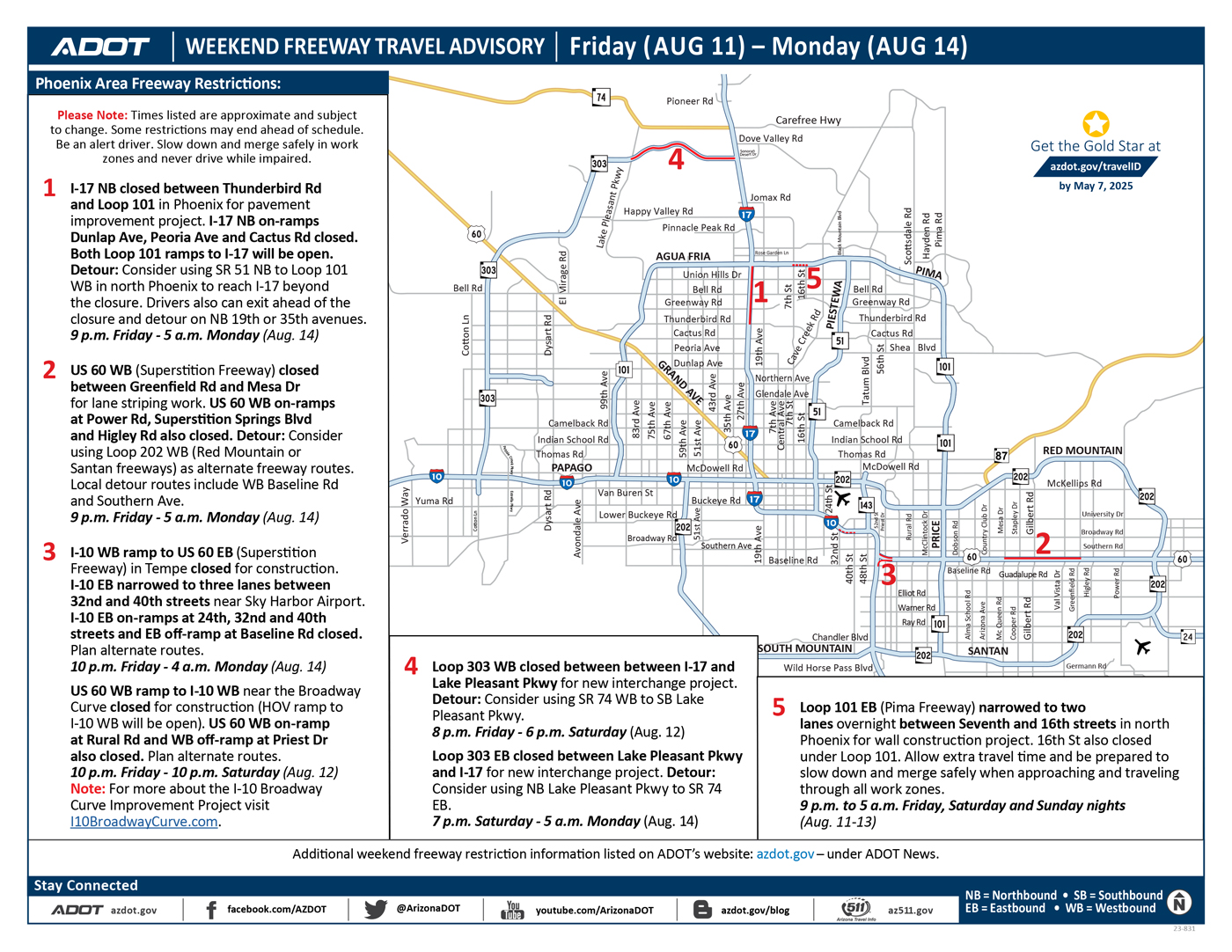 ADOT's Weekend Freeway Travel Advisory Map (Aug. 11-14, '23) - Phoenix Area