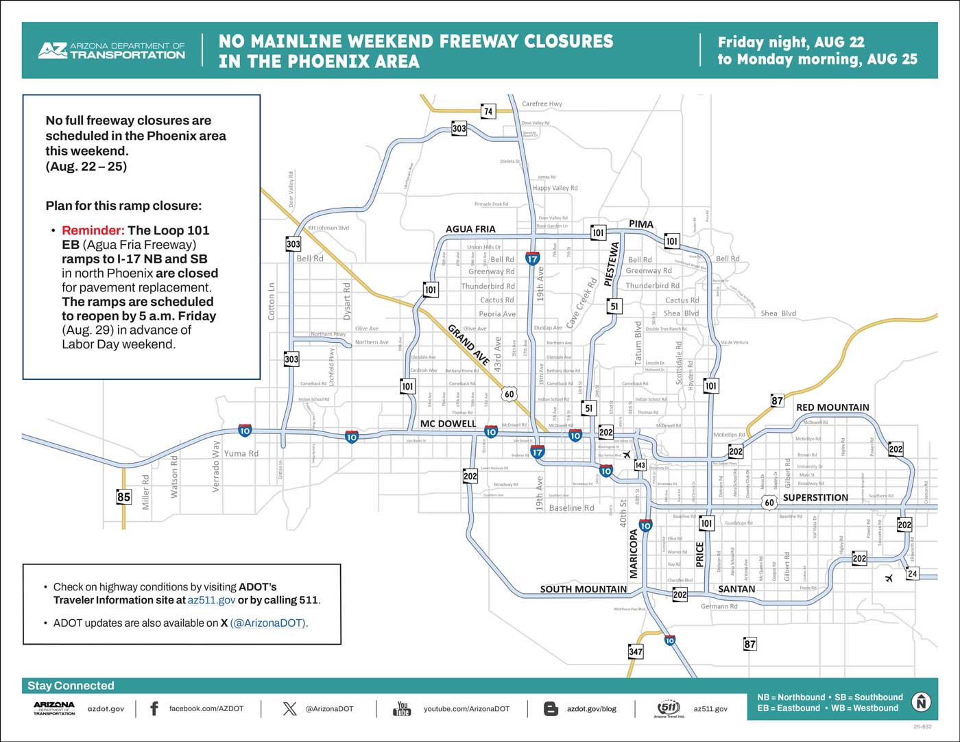 ADOT's Weekend Freeway Travel Advisory Map (Aug. 22-25, '25) The Phoenix Area