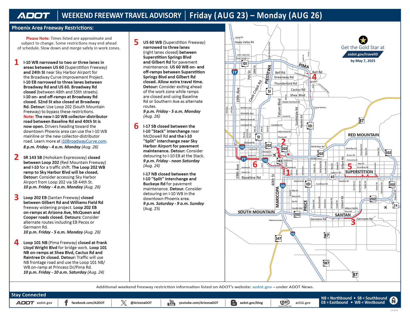 ADOT's Weekend Freeway Travel Advisory Map (Aug. 23-26, '24) Phoenix Area