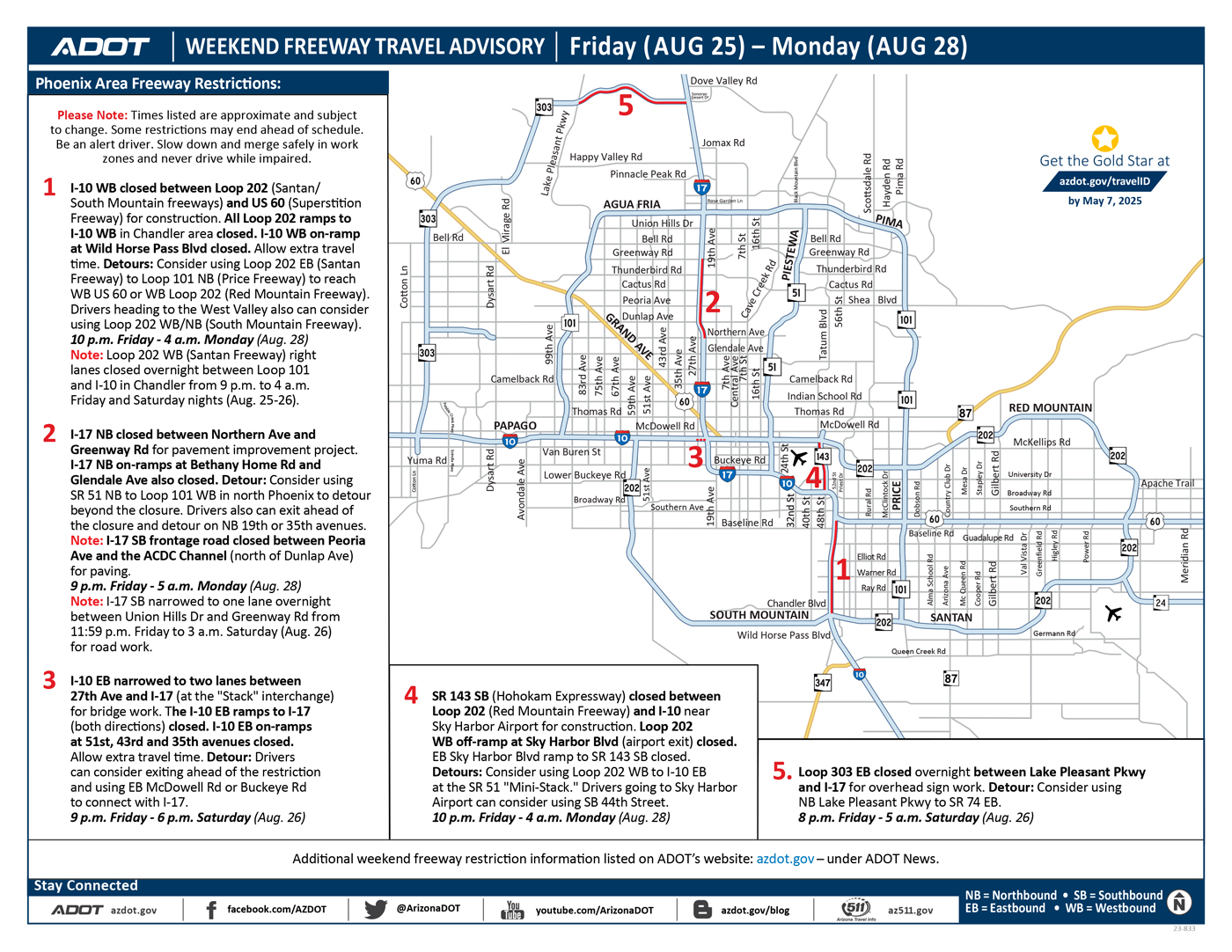 ADOT's Weekend Freeway Travel Advisory Map (Aug. 25-28, '23) - Phoenix Area