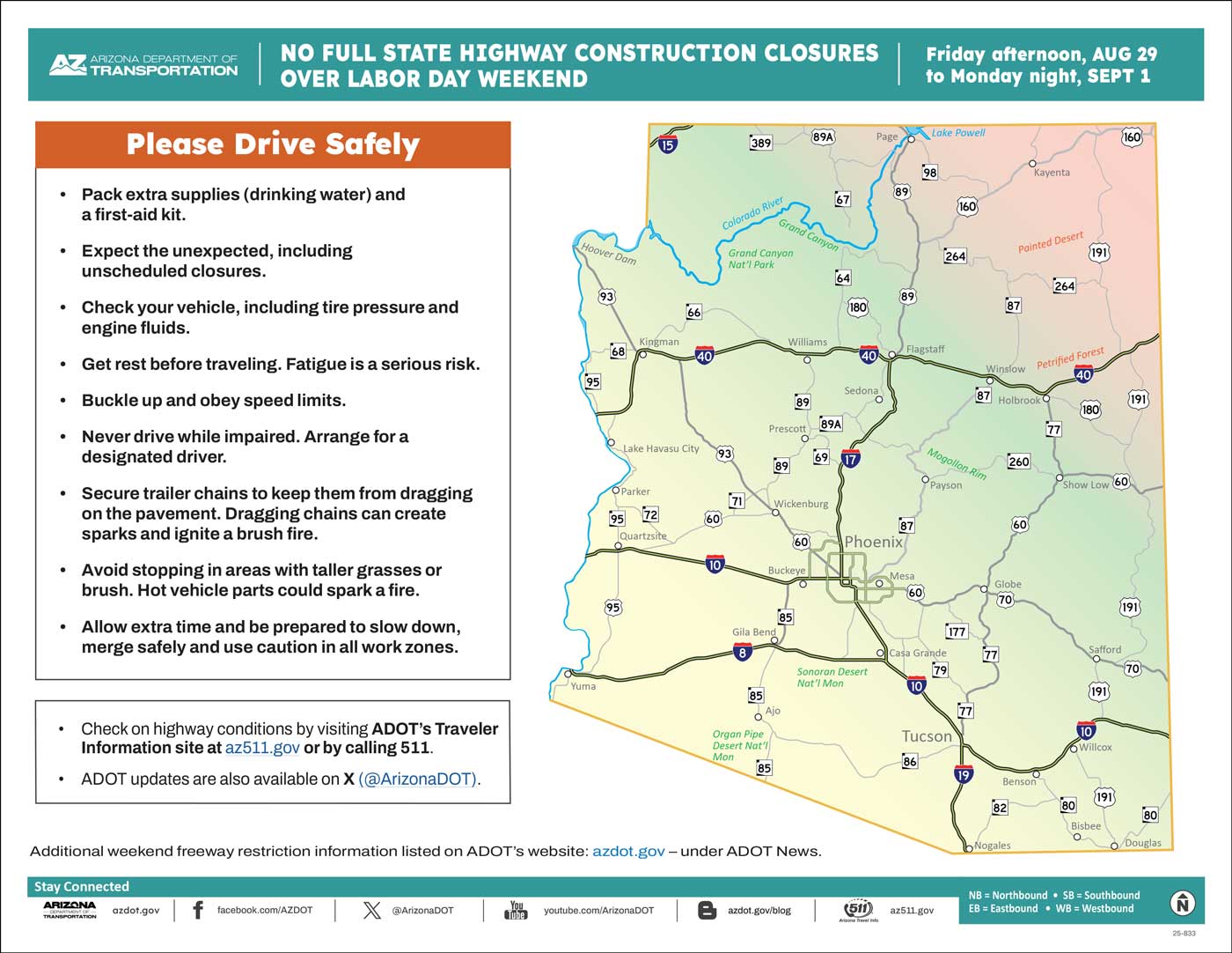 ADOT's Labor Day Weekend Travel Map (Aug. 25, '25) Statewide