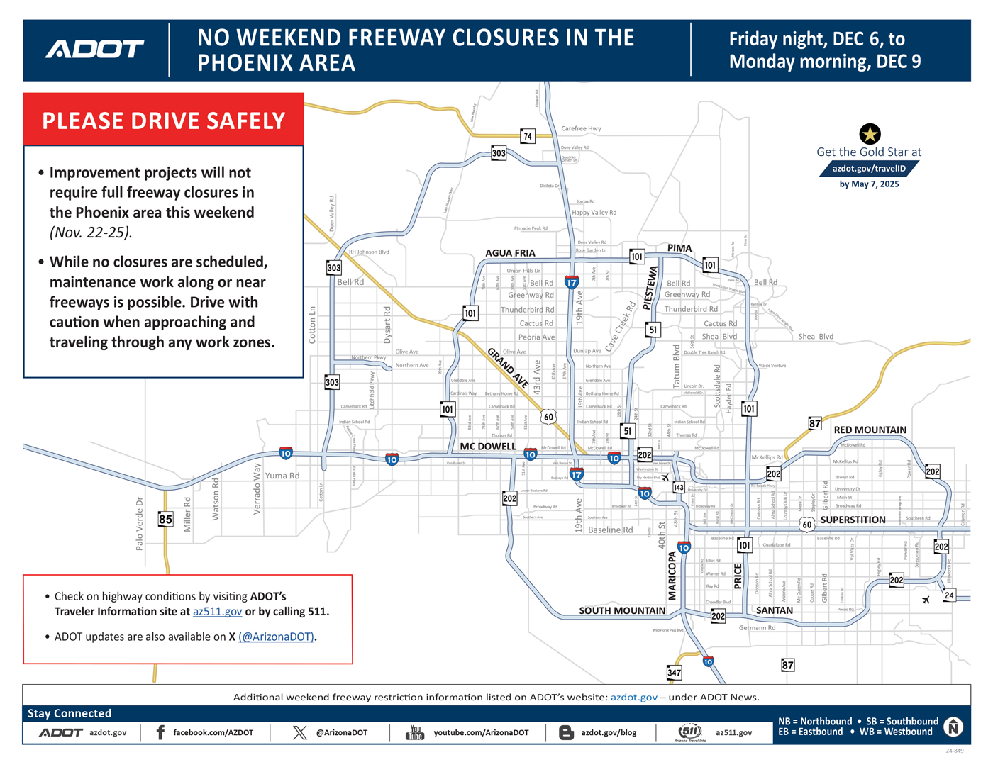ADOT's Weekend Freeway Travel Advisory Map (Dec. 6-9, '24) - Phoenix Area