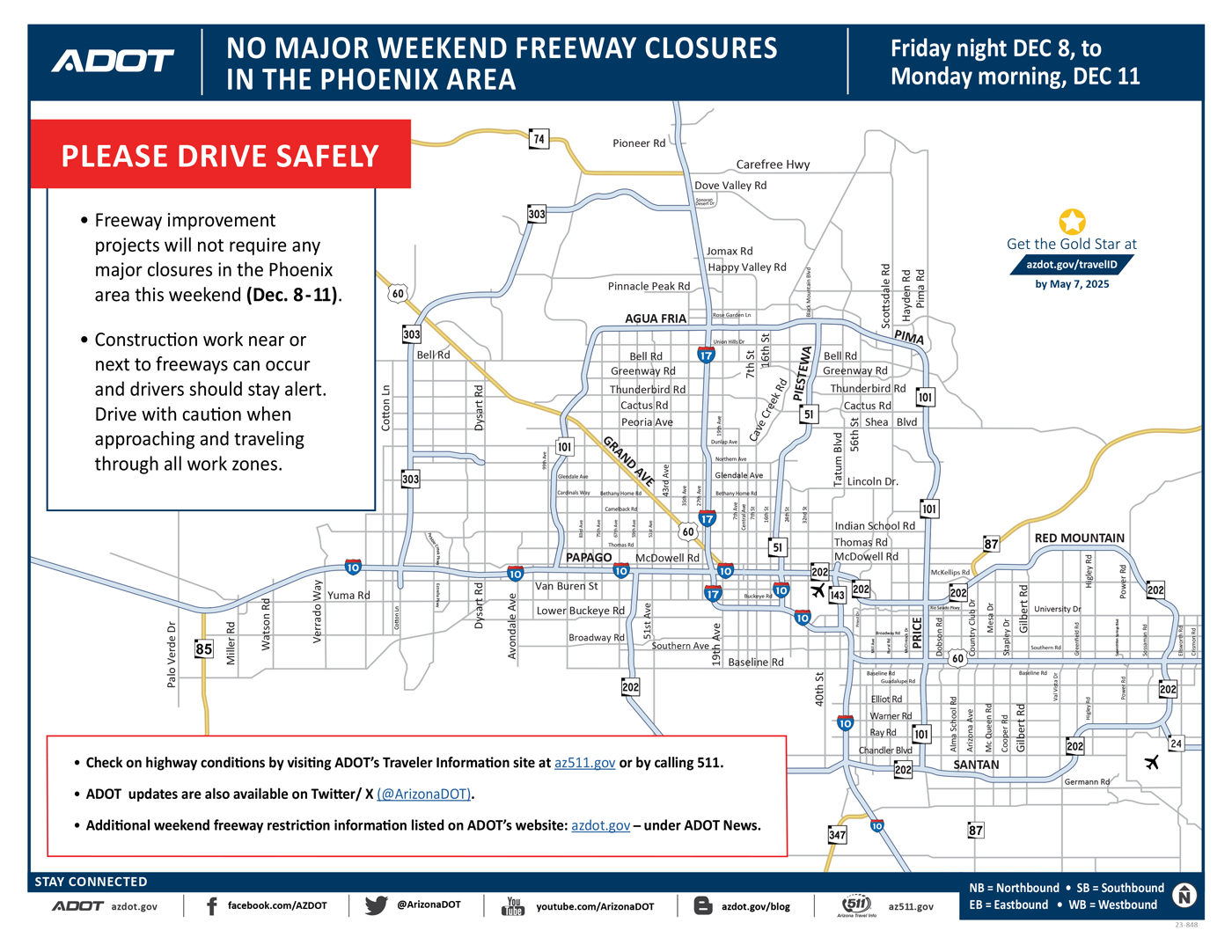 ADOT's Weekend Freeway Travel Advisory Map (Dec. 8-11, '23) - Phoenix Area