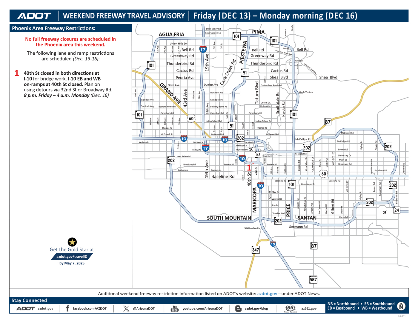 ADOT's Weekend Freeway Travel Advisory Map (Dec. 13-16, '24 Updated) - Phoenix Area