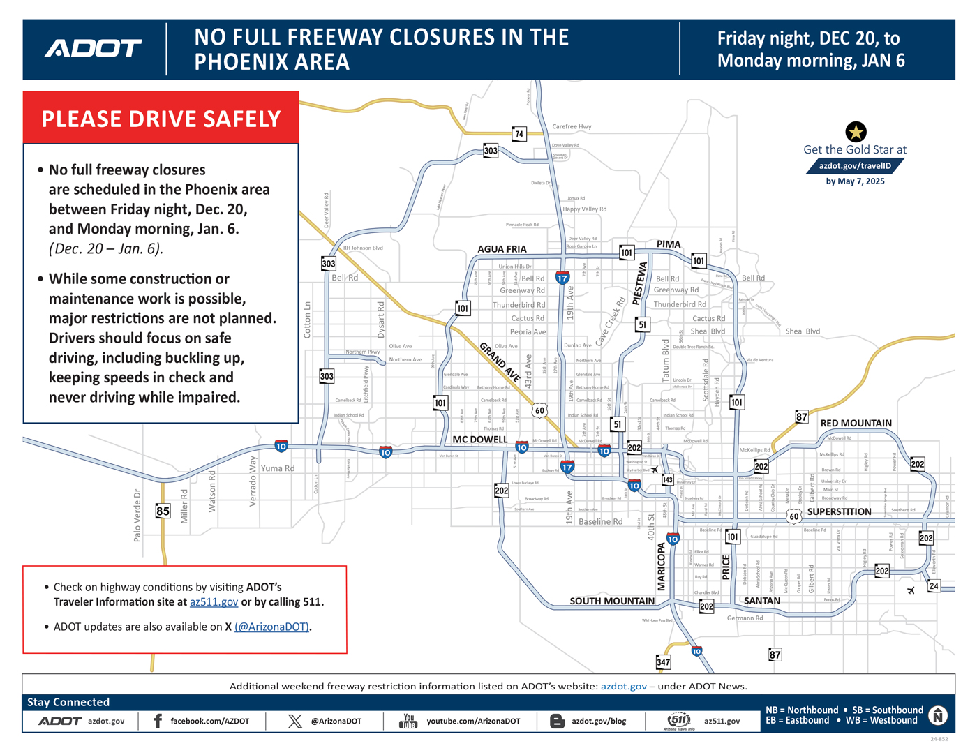 ADOT's Weekend Freeway Travel Advisory Map (Late Dec. '24) - Phoenix Area