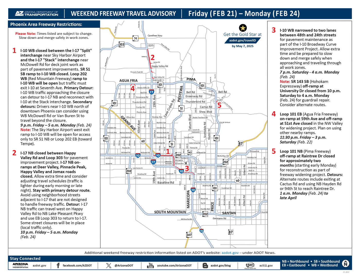 ADOT's Weekend Freeway Travel Advisory Map (Feb. 21-24, '25) Phoenix Area