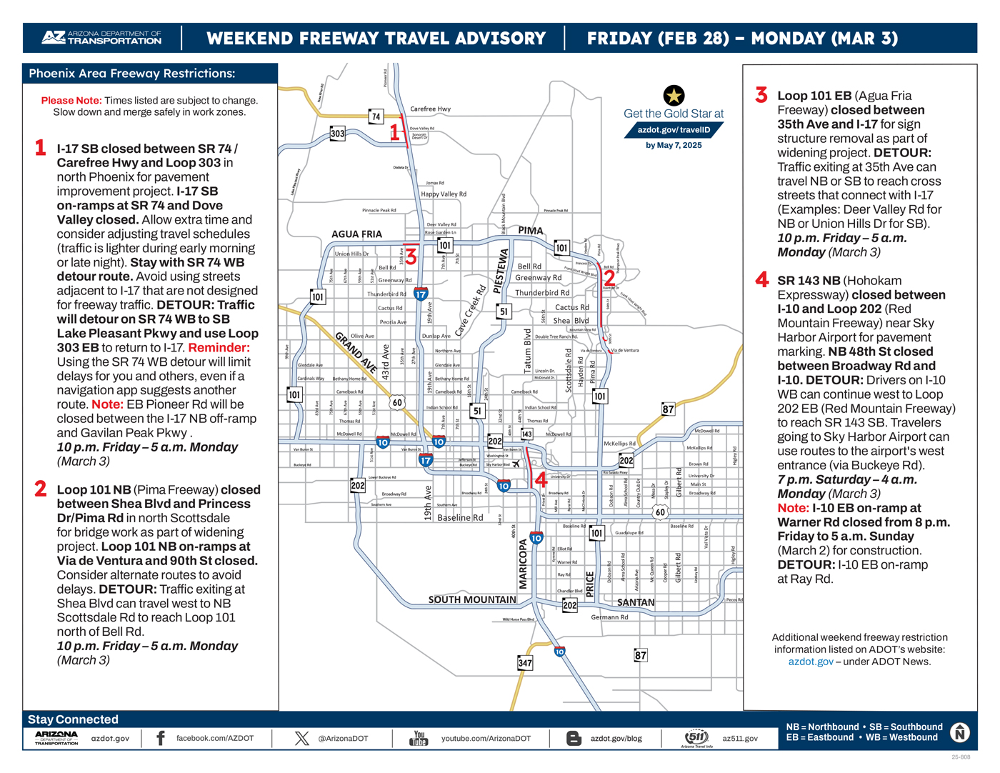 ADOT's Weekend Freeway Travel Advisory Map (Feb. 28-March 3, '25) Phoenix Area