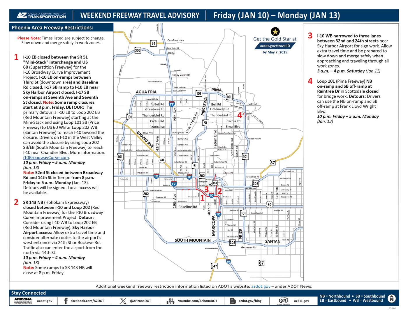 ADOT's Weekend Freeway Travel Advisory Map (Jan. 10-13, '25) Phoenix Area